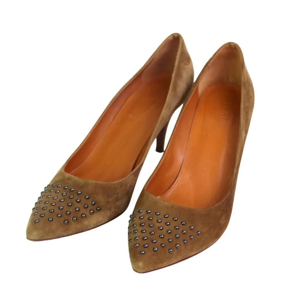 J. CREW OLIVE GENUINE LEATHER SUEDE MID HEEL POINTED CLASSIC PUMP SHOES Sz 8 1/2